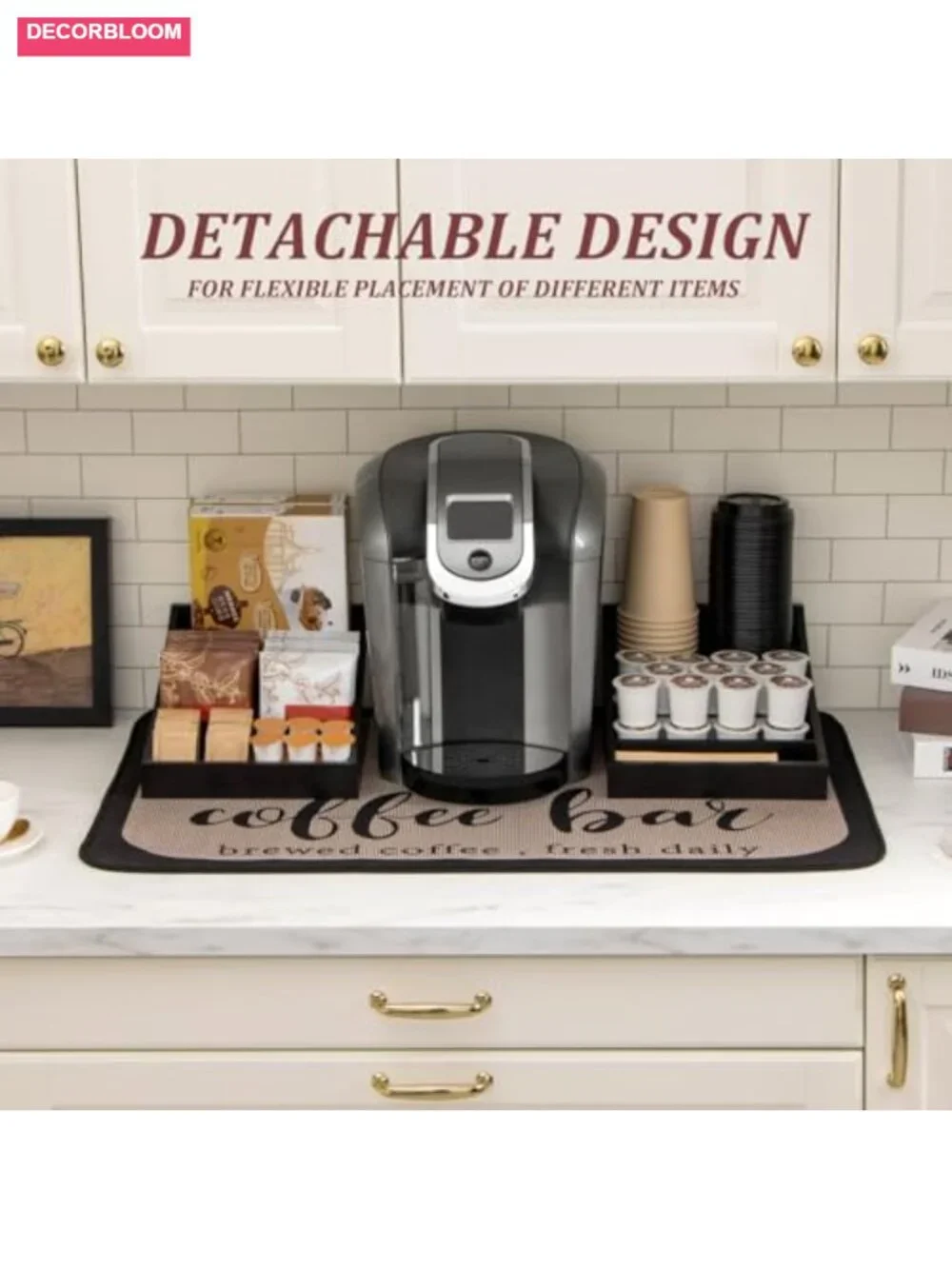 Coffee Station Organizer Countertop Wood Condiment Caddy 2-in-1